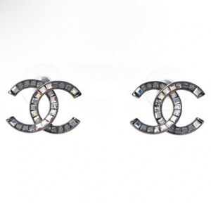 CHANEL Ruthenium Crystal Baguette CC Stud Earrings